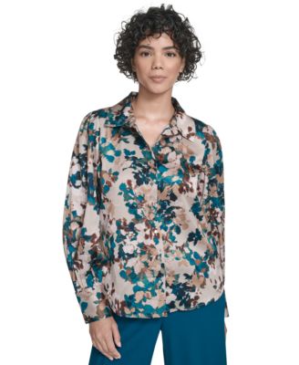 Calvin Klein - Women's Printed Charmeuse Button-Front Blouse