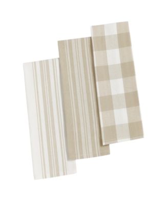 Elrene - Farmhouse Living Stripe and Check Tan/White Kitchen Towels, Set of 3