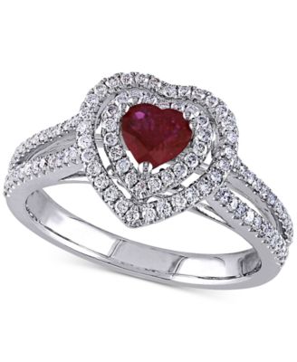 Macy's - Ruby (3/5 ct. t.w.) & Diamond (3/8 ct. t.w.) Heart Double Halo Ring in 14k White Gold