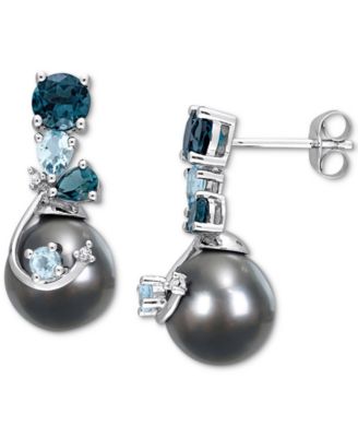 Macy's - Cultured Tahitian Pearl (9mm) & Blue Topaz (2ct. t.w.), & Diamond Accent Drop Earrings in 14k White Gold