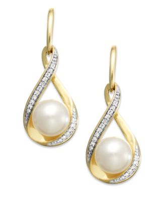 Honora - Cultured Freshwater Pearl (7mm) and Diamond (1/10 ct. t.w.) Earrings in 14K Gold