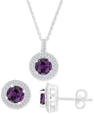 Macy's - 2-Pc. Set Lab-Grown Alexandrite (4-1/10 ct. t.w.) & Lab-Grown White Sapphire (1 ct. t.w.) Halo Pendant Necklace & Matching Stud Earrings in Sterling Silver