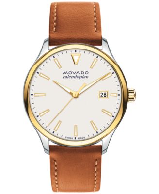 Movado - Men's Swiss Calendoplan Cognac Brown Leather Strap Watch 40mm