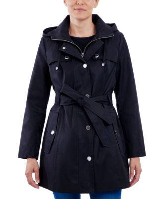 London Fog - Petite Hooded Belted Zip-Front Raincoat