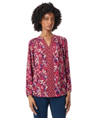 Jones New York - Petite Mixed-Print V-Neck Long-Sleeve Top