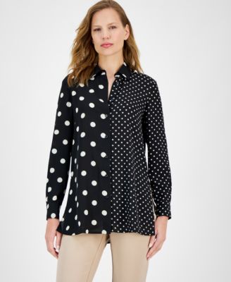 Anne Klein - Petite Mixed-Print Button-Front Long-Sleeve Shirt