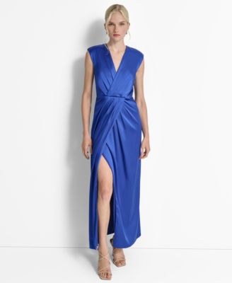 DKNY - Women's Crisscross Pleated Side-Slit Sleeveless Gown