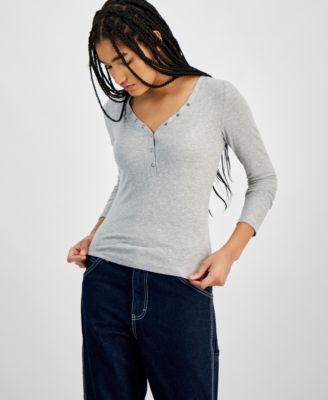Hippie Rose - Juniors' Long-Sleeve Henley V-Neck Top