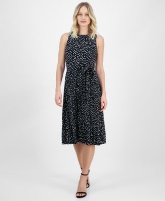Anne Klein - Women's Dot-Print Tie-Front Pleated Sleeveless Midi Dress