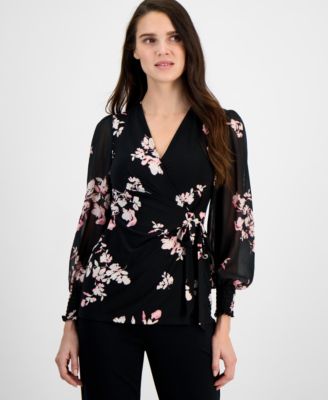 Anne Klein - Women's Floral-Print Smocked Wrap Top
