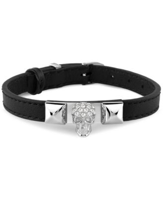 Philipp Plein - Men's Enigma Skull Pendant Black Leather Bracelet in Stainless Steel