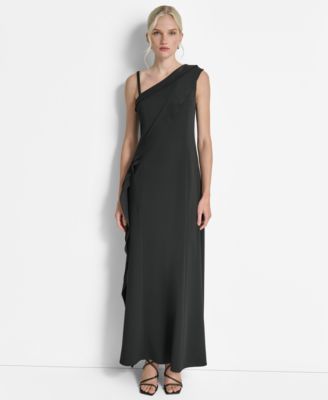 DKNY - Women's One-Shoulder Side-Slit Ruffle Gown