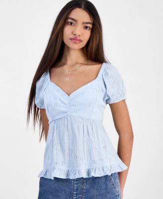 Hippie Rose - Juniors' Embroidered Babydoll Short-Sleeve Top