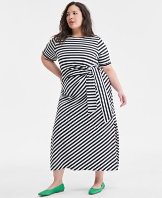 On 34th - Trendy Plus Size Knit Ditsy Stripe Wrap Dress