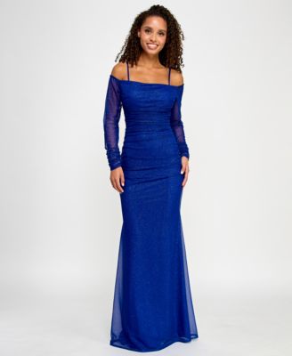pear culture - Juniors' Glitter-Mesh Ruched Off-The-Shoulder Gown