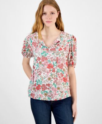 Tommy Hilfiger - Women's Floral Tie-Neck Puff-Sleeve Top