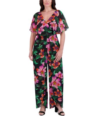 kensie - Women's Floral Chiffon Cape-Overlay Jumpsuit