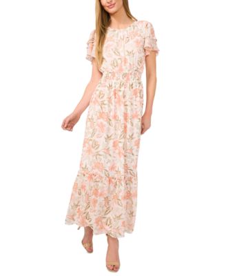 CeCe - Women's Printed Flutter-Sleeve Maxi Dress