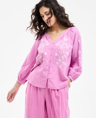 Style & Co - Women's Milano Cotton Gauze Embroidered Top