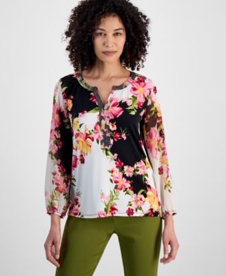 JM Collection - Petite Embellished Knit Chiffon-Sleeve Top