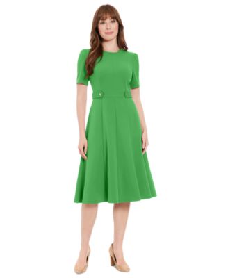 London Times - Women's Puff-Sleeve Tab-Detail Fit & Flare Dress