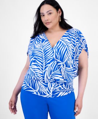 I.N.C. International Concepts - Plus Size Printed Ruched Surplice-Neck Top