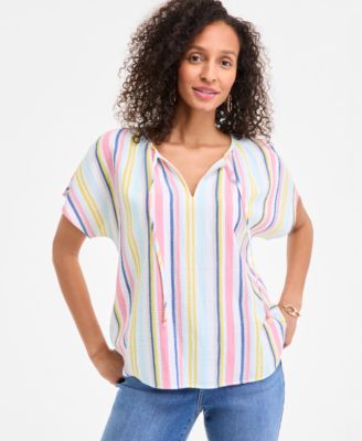 Style & Co - Women's Cotton Striped Tie-Neck Dolman-Sleeve Top
