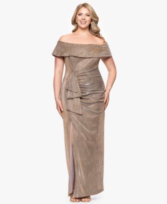 XSCAPE - Plus Size Off-The-Shoulder Glitter Gown