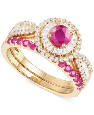 Macy's - Ruby (1 ct. t.w.) & Diamond (5/8 ct. t.w.) Halo Bridal Set in 14k Gold