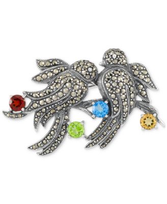 Macy's - Marcasite (2-1/5 ct. t.w.) & Multi-Gemstone (2-3/8 ct. t.w.) Two Bird Pin in Sterling Silver