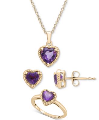 Macy's - 3-Pc. Set Amethyst Heart Pendant Necklace, Stud Earrings, & Matching Ring (2-1/5 ct. t.w.) in 14k Gold-Plated Sterling Silver
