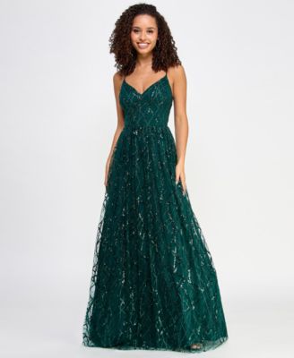 Say Yes - Juniors' Glitter-Tulle Lace-Up V-Neck Gown