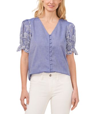 CeCe - Women's Cotton Floral Puff-Sleeve V-Neck Blouse