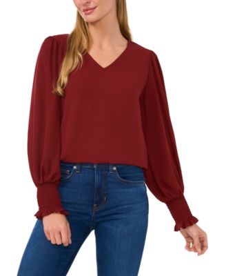 CeCe - Women's Long-Sleeve Smocked-Cuff V-Neck Blouse