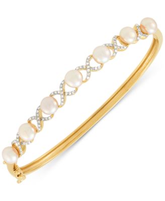 Honora - Cultured Freshwater Pearl (5-1/2 - 6mm) & Diamond (1/4 ct. t.w.) XO Bangle Bracelet in 14k Gold-Plated Sterling Silver