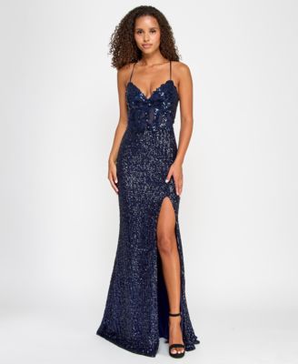 City Studios - Juniors' Sequin Side-Slit Lace-Up Gown