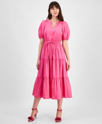 Anne Klein - Petite Tiered Puff-Sleeve Split-Neck Midi Dress