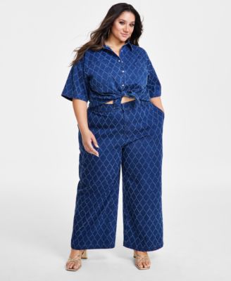 Nina Parker - Plus Size Diamond-Texture Wide-Leg Jeans
