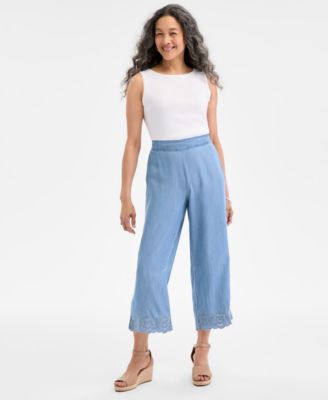 Style & Co - Women's Chambray Embroidered-Hem Cropped Pants