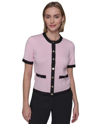 KARL LAGERFELD PARIS - Petite Short-Sleeve Two-Pocket Cardigan Sweater
