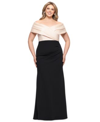 Betsy & Adam - Plus Size Mixed-Material Off-The-Shoulder Gown