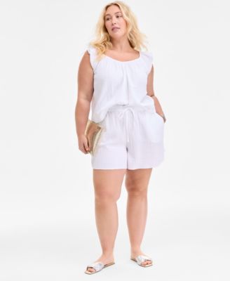 On 34th - Plus Size Cotton Gauze Drawstring Curved Shorts