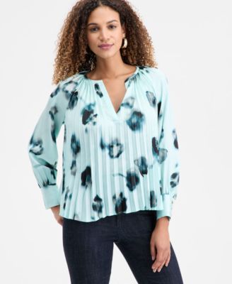 I.N.C. International Concepts - Women's Printed Pleated Split-Neck Blouse