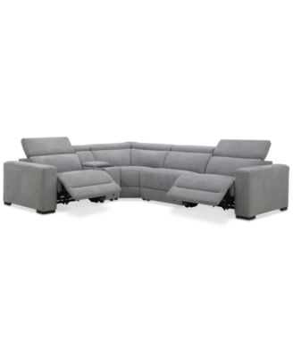 Furniture - Nevio 5-Pc. Fabric Power Headrest L-Shape Sectional and Console with 2 Power Motion Chairs