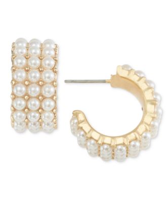 Charter Club - Gold-Tone Small Imitation Pearl Triple-Row C-Hoop Earrings, 0.82"