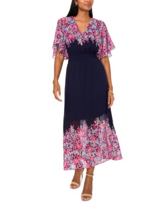 MSK - Petite Printed V-Neck Flutter-Sleeve Smocked-Waist Dress