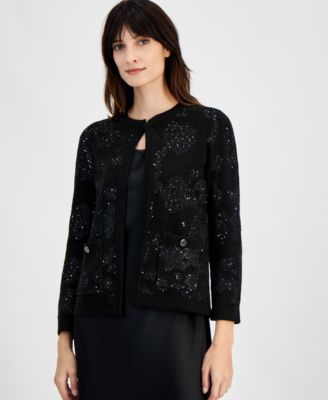 Anne Klein - Women's Open-Front Patch-Pocket Sequin Cardigan
