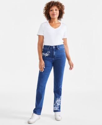 Style & Co - Petite Embroidered High-Rise Straight-Leg Jeans