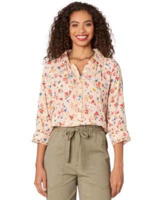 Democracy - Petite Printed Crochet-Trim Cotton Button-Front Shirt