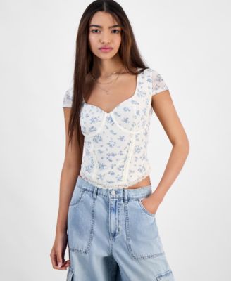 Hippie Rose - Juniors' Corset Short-Sleeve Mesh Top